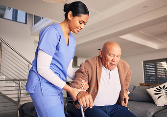 Image showing Happy woman, man in wheelchair and support in nursing home for medical service, physical therapy and retirement. Caregiver, nurse and helping patient with disability, homecare and health assistance