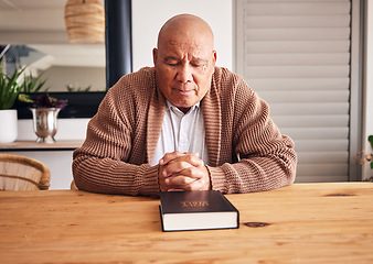 Image showing Bible book, praying or old man for holy worship, support or hope in Christianity faith in retirement. Prayer, gospel or catholic senior person studying, reading or learning God in spiritual religion