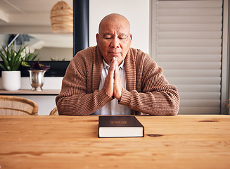 Image showing Senior man, bible and praying in home with faith, religion and mindfulness for peace, gratitude and Jesus. Elderly person, eyes closed and worship christian God with spiritual mindset, focus or trust