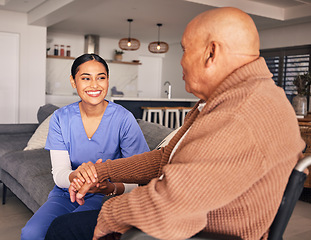 Image showing Happy woman, nursing home and support man with disability in wheelchair for medical trust, advice and wellness. Nurse, caregiver and holding hands of patient for rehabilitation, helping or consulting