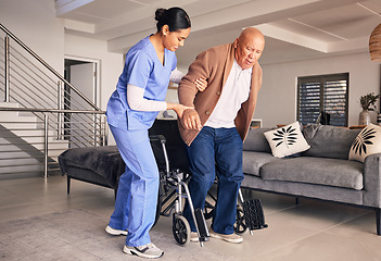 Image showing Woman helping man in wheelchair, nursing home and medical service for physical therapy, recovery and retirement. Caregiver, nurse and support patient with disability, rehabilitation and healthcare