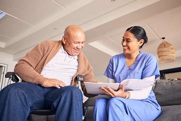 Image showing Old man, wheelchair or caregiver reading medical records, history or healthcare documents at nursing home. Smile, documents or happy nurse showing senior patient or elderly person with a disability