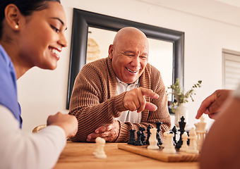 Image showing Senior man, nursing home and chess for game, competition and happy with friends, strategy and relax together. Elderly person, nurse and board for contest with mindset, excited smile or point at table