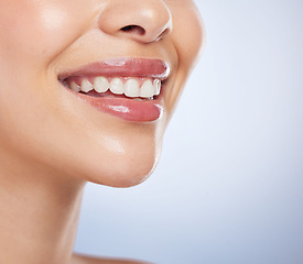 Image showing Dental, mouth and woman half in studio with smile for beauty, cosmetics or teeth whitening on white background. Tooth, wellness and female model happy with oral hygiene, orthodontics or fresh breath