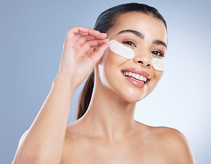 Image showing Skincare, eye pads and portrait of woman in studio for wellness, healthy skin and facial. Dermatology aesthetic, beauty and face of female person with mask for anti aging, cosmetics and treatment