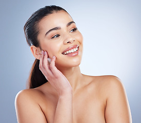 Image showing Skincare, beauty and young woman in studio for natural, health or wellness face routine. Cosmetic, self care and beautiful female model with dermatology facial treatment isolated by white background