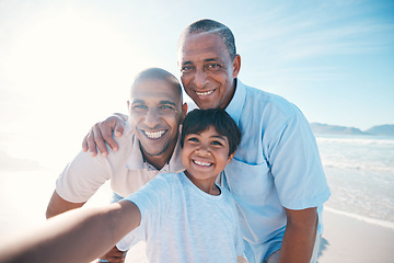 Image showing Grandfather, beach and selfie of father and boy on holiday, weekend and vacation in nature. Happy family, travel and portrait of grandpa, dad and child relax by sea for bonding, quality time and fun