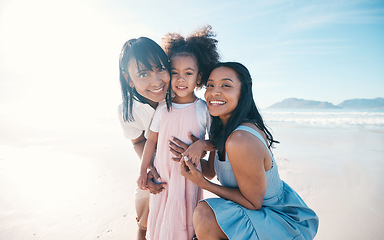 Image showing Happy, hug and portrait of family at the beach, walking and bonding together as a female generation. Smile, affection and grandmother, mother and little girl at the sea for summer, relax and vacation