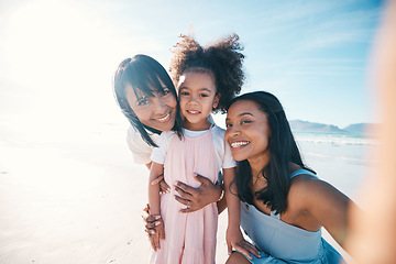 Image showing Selfie of mother, daughter and grandmother on the beach together during summer for vacation or bonding. Portrait, family or children and a little girl in nature with her parent and senior grandparent