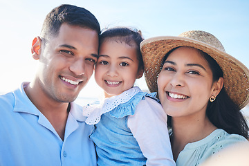 Image showing Family, portrait and girl in selfie with happiness in summer for quality time on vacation. Memory, love and kid with parent with smile in outdoor for bonding on weekend with travel for adventure.