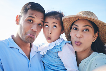 Image showing Face, family and funny with selfie on vacation for bonding with children in outdoor for travel. Silly, portrait and love and kids or parents on holiday for quality time, adventure or goofy people.