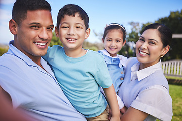 Image showing Portrait , happy and selfie with family in garden for bonding in summer with children on weekend. Kids, memory and face with parents in outdoor for quality time with love in nature with smile.