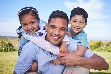 Image showing Happy father, portrait and hug with kids for quality time, bonding or love together in nature outdoors. Dad smile with children in piggyback enjoying summer weekend, holiday or vacation in the park