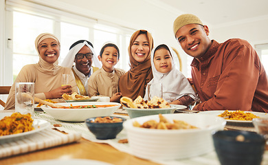 Image showing Food, portrait and muslim with big family at table for eid mubarak, Islamic celebration and lunch. Ramadan festival, culture and iftar with people eating at home for fasting, holiday and religion