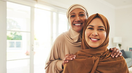 Image showing Happy portrait, senior mother and muslim daughter, family or women bonding, smile and enjoy quality time together. Love, face and elderly mom, Islamic woman or Arabic people in Dubai holiday home