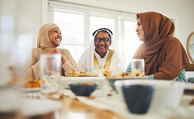 Image showing Food, conversation and muslim with big family at table for eid mubarak, Islamic celebration and lunch. Ramadan festival, culture and iftar with people eating at home for fasting, religion and holiday