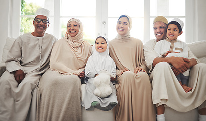 Image showing Smile, Islam and big family on sofa for Eid with parents, grandparents and kids for home culture in Indonesia. Muslim men, women in hijab and children, generations celebrate Ramadan on couch together