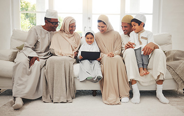 Image showing Happy family, Muslim parents or kids with tablet for elearning, Islamic info or studying in Allah or God. Grandparents, father or Arab mom with kids reading online ebook on worship prayer at home