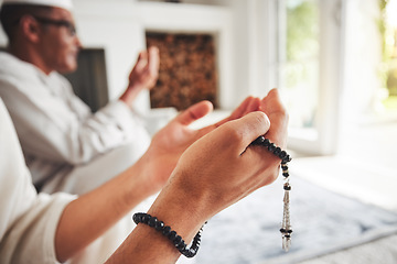 Image showing Muslim pray, beads and hands, Islamic faith with worship and trust in God with peace and religion. Trust, spiritual and Islam with gratitude, respect and people praying in the Mosque with devotion