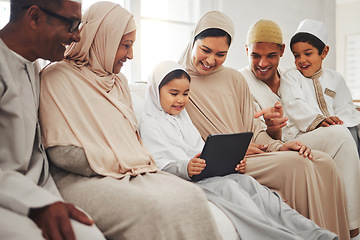 Image showing Big family, Muslim parents or happy kids with tablet for learning, Islamic info or studying in Allah or God. Grandparents, dad or Arabic mom with kids reading online ebook on worship prayer at home