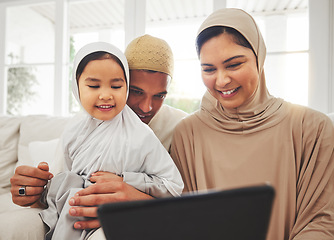 Image showing Happy family, girl or Muslim parents with tablet for elearning, Islamic info or studying in Allah or God. Child development, dad or Arab mom with kid reading online ebook on social media at home