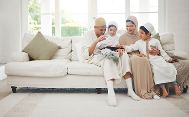 Image showing Family home, kids or Muslim parents with tablet for elearning, Islamic info or studying in Allah or God. Child development, dad or Arab mom with children siblings reading online ebook on social media