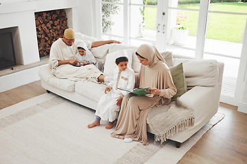 Image showing Quran, Muslim parents or children reading for learning, Islamic knowledge or studying in Allah, god or culture. Support, father or Arabic mom teaching kids worship, prayer or holy book at family home