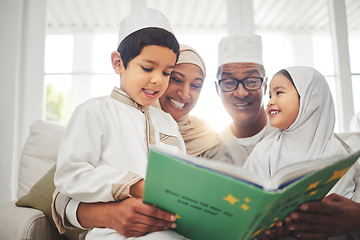 Image showing Happy family, Muslim parents or kids reading book for learning, Islamic info or studying Allah. Support, father or Arab mom teaching lovely children siblings worship, prayer or knowledge at home