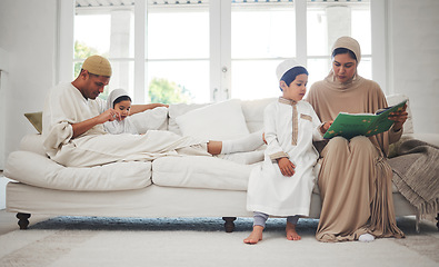 Image showing Learning, Muslim parents or kids reading book for Islamic info or studying Allah of God in family home. Support, father or Arabic mom teaching lovely children siblings worship, prayer or knowledge