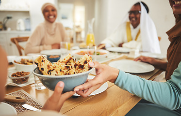 Image showing Food, celebration and muslim with big family at table for eid mubarak, Islamic and lunch. Ramadan festival, culture and iftar with people eating at home for fasting, health and religion holiday