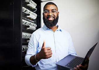 Image showing Server room, laptop and thumbs up with technician man for internet connection and software programming. Engineer black person with technology and thank you for cybersecurity system in data center
