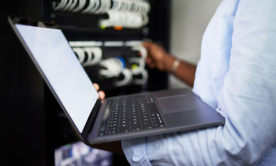 Image showing Server room, laptop and IT technician man with internet connection for software programming. Male engineer person with technology for cybersecurity, problem solving or system update in data center