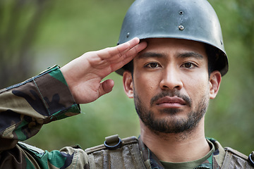 Image showing Army, man and salute portrait in military of a veteran with security, protection and battle. Male person, soldier and serious face with surveillance, hero and war leader with camouflage in nature