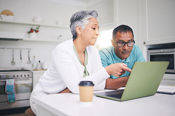 Image showing Mature couple, laptop and pointing for internet connection, communication or social media post. A man and woman talking at home while together for online streaming, search or email with technology