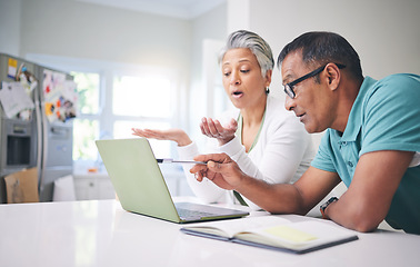 Image showing Mature couple, home and planning with laptop, notebook and internet for bills, tax or budget. Man and woman talking about online research, debt solution or insurance website information on technology