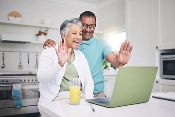 Image showing Senior couple, laptop and hello for video call with internet connection, communication and wave. A man and woman together at home while happy and excited for virtual or online chat with technology