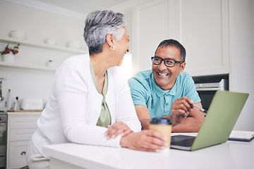 Image showing Laptop, talking and mature couple with internet connection, communication and love. A man and woman together at home while happy about streaming online, social media or search with technology