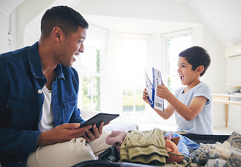 Image showing Plane ticket, luggage and father with excited family and holiday suitcase with dad and boy child. Home, bag and helping in a bedroom for vacation and packing with son and kid together with a smile