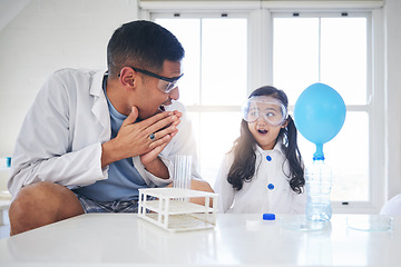 Image showing Wow, education and a father and child doing science, learning innovation and lab work in a house. Happy, surprise and a young dad doing an experiment or project with a girl and studying chemistry