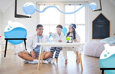 Image showing Father, children and learning science in home with balloon, bottle and overlay for experiment. Chemistry education, smile and dad teaching kids physics, studying and stem development for homeschool.