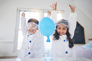 Image showing Portrait, children science and siblings winning in a home with a balloon for education, learning or experiment. Wow, motivation or celebration with happy boy and girl scientist in success or surprise