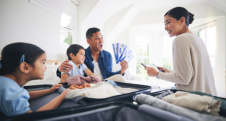 Image showing Plane ticket, luggage and family with excited with holiday suitcase with mom, dad and children. Home, bag and helping in a bedroom for vacation and packing with happy mother, father and kids by bed