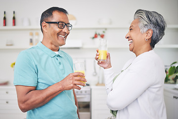 Image showing Happiness, senior couple and juice with love in kitchen for bonding in retirement or morning. Marriage, home and elderly man or woman with beverage with conversation together for quality time.