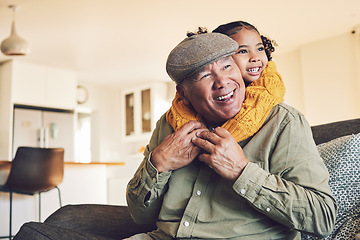 Image showing Hug, grandparent playing or happy child in family home on sofa with love or care bonding together. Piggyback, living room couch or senior grandfather with young girl, smile or kid to relax in house