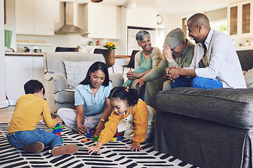 Image showing Big family, love or happy children on floor with toys for playing, creative fun or bonding at home. Development, smile or kids enjoy building blocks games to relax with mom, dad or grandparents