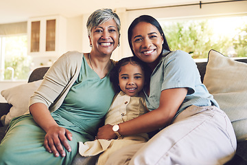 Image showing Mother, grandma or portrait of happy family on a sofa with love enjoying quality bonding together in home. Smile, affection or girl child hugging mom or senior grandparent on house couch with care