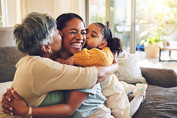 Image showing Grandma, mother and hug child, kiss in home and bonding together, funny and laughing. Happy, mom and embrace kid, grandmother and smile with care, love and enjoying quality time on sofa with family.