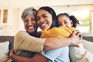 Image showing Hug, portrait and a grandmother, child and mother with happiness, love and care on mothers day. Happy, house and a senior woman, mom and girl with embrace as family for support together on the sofa