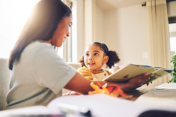 Image showing Happy, help and a mother with a child for reading, teaching and support with homework. Family, house and a mom and girl kid learning knowledge from a book and studying together for education