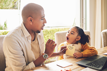 Image showing Father, teaching and girl to read for homework in home with laptop for language or knowledge. Kid, learning and english with parent for reading assignment with support or flash cards to study.